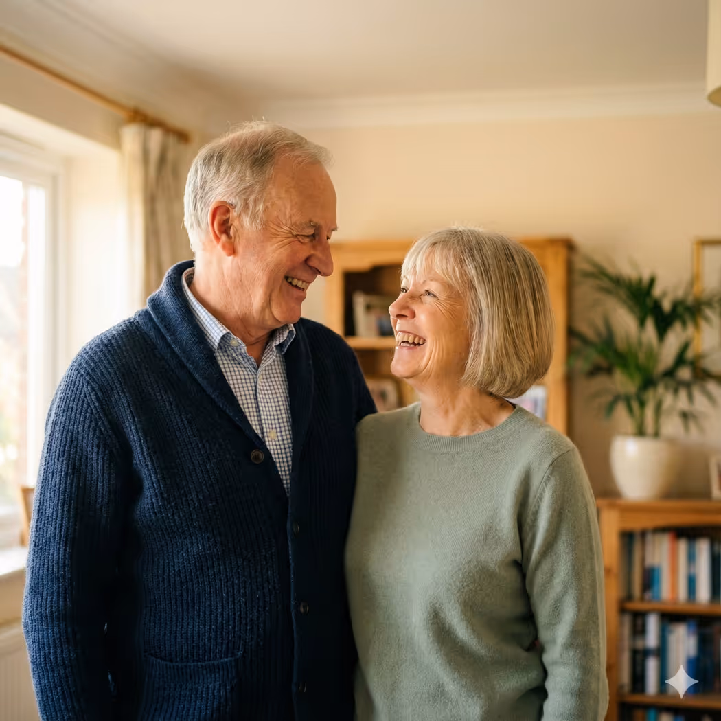 Elderly couple at home, representing comfort and independent living