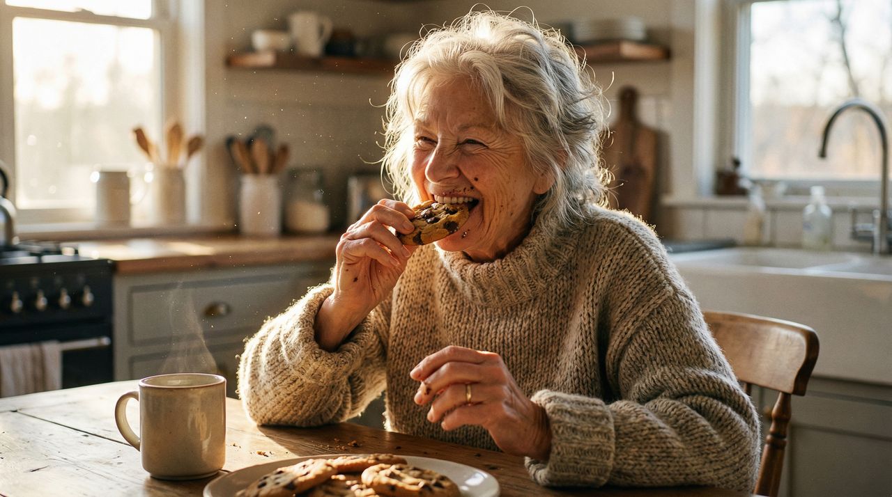 Person enjoying homemade cookies, representing independence and daily activities