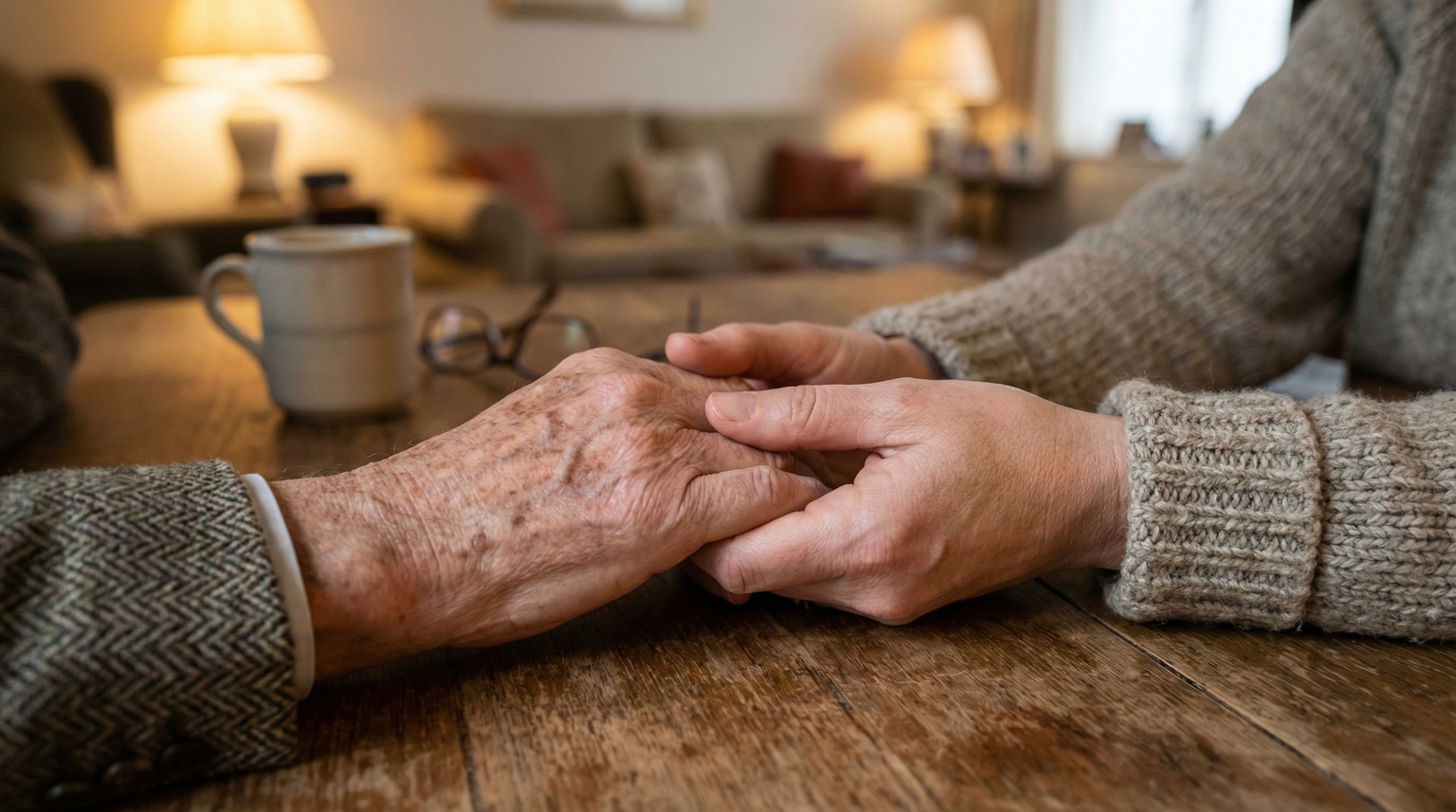 Holding hands representing family support and care for elderly parent