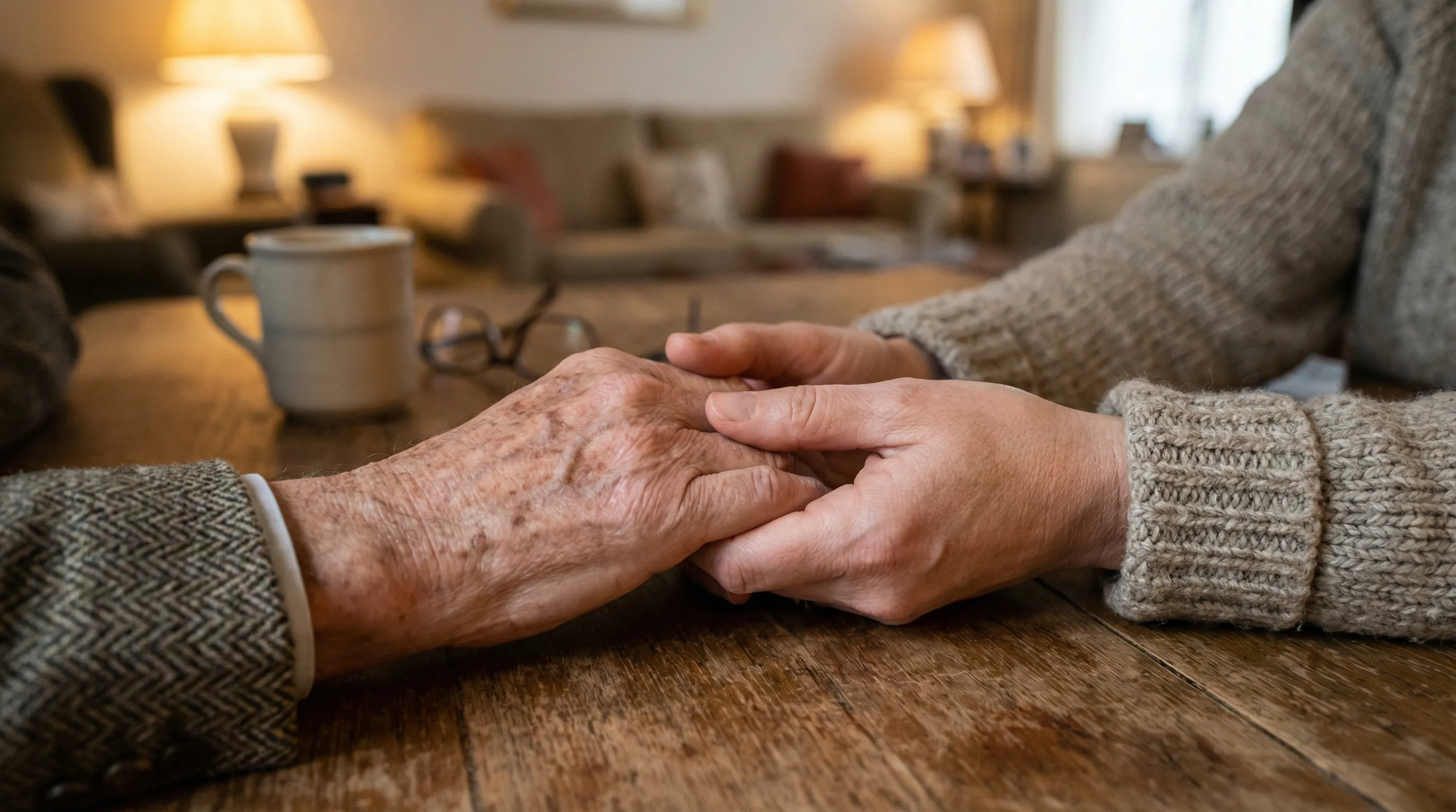 Holding hands representing family support and care for elderly parent living alone