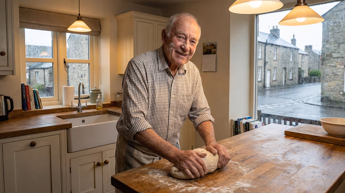 Elderly man baking, maintaining independence and enjoying home activities