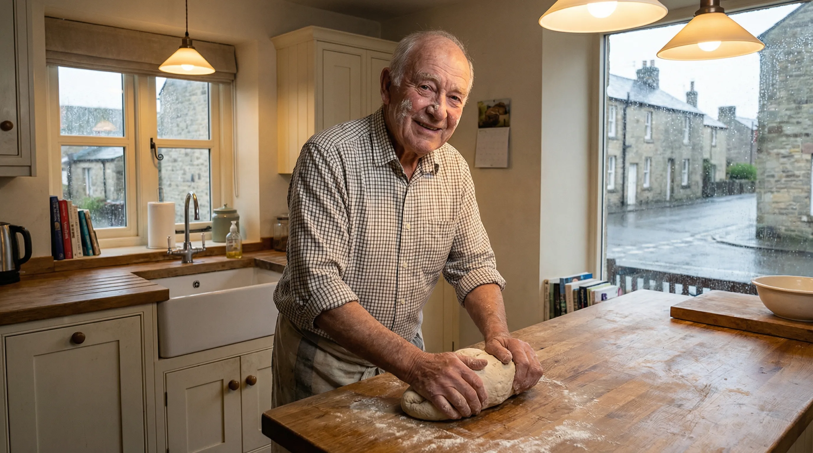 Elderly man baking at home, representing independent living with smart home support