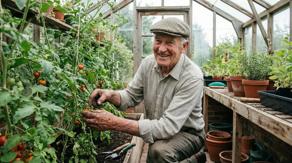 Elderly man in greenhouse living independently with smart home technology