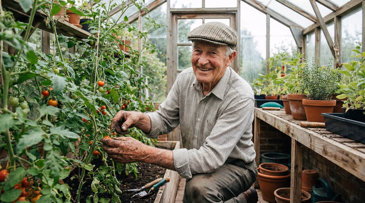 Elderly man in greenhouse, staying active and engaged at home