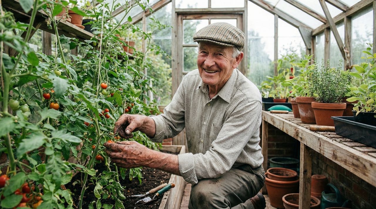 Elderly man in greenhouse, staying active and engaged at home