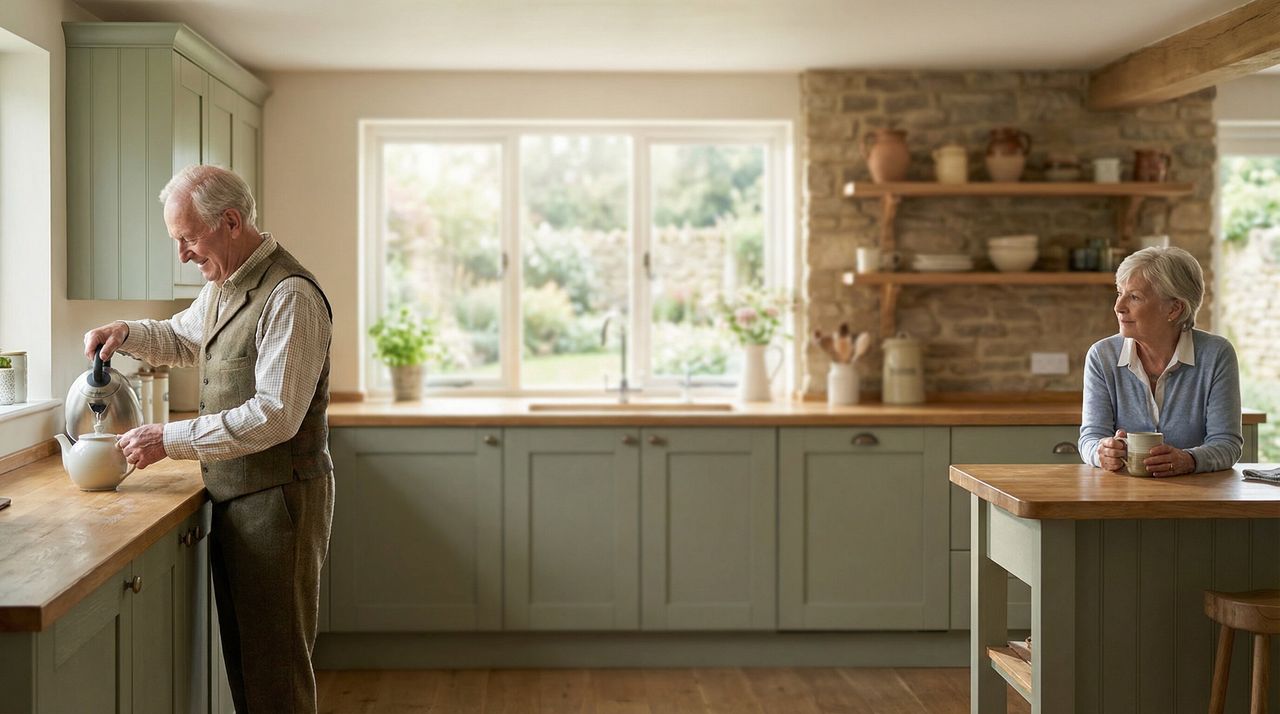 Elderly couple in kitchen enjoying their safe, comfortable home