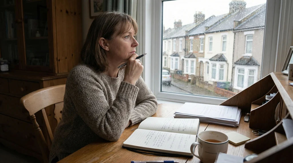 Woman at desk researching and evaluating smart home elderly care providers
