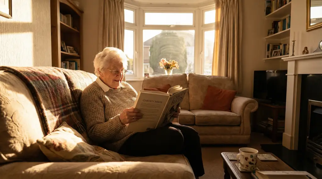 Elderly woman reading at home with smart home technology providing peace of mind