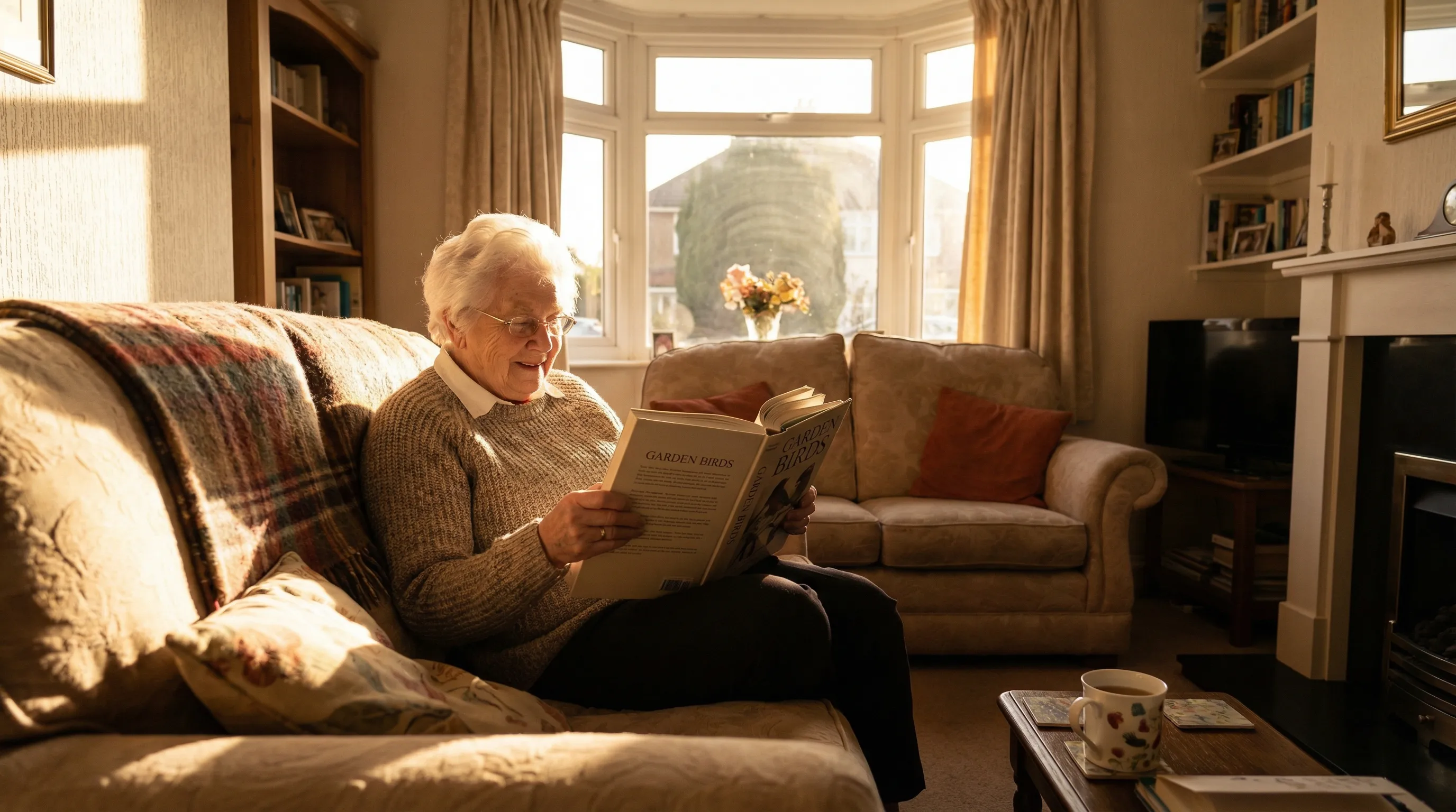 Elderly woman reading at home with smart home technology providing peace of mind