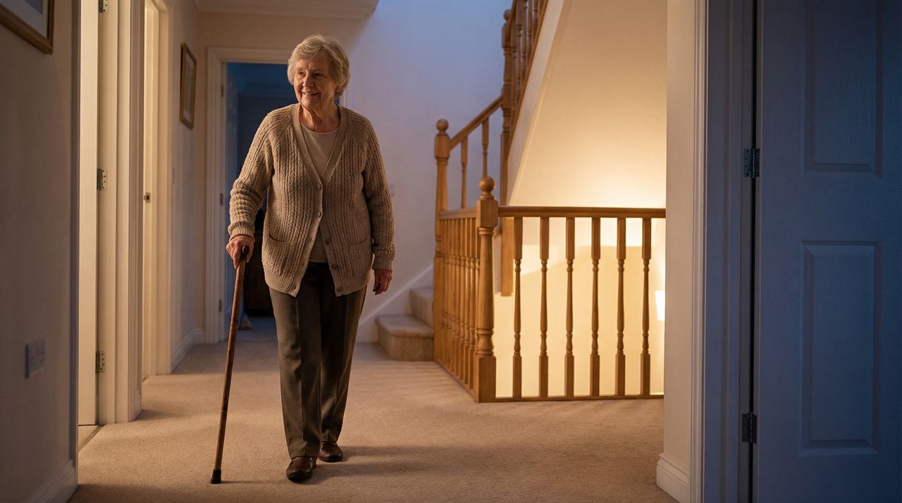 Elderly woman with walking stick, maintaining mobility and independence